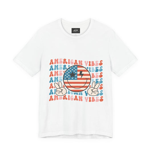 American Vibes T-Shirt — Retro Peace Sign Flag Tee (Fourth of July)