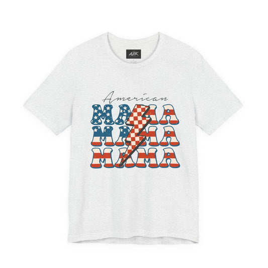 American Mama Graphic Tee — Patriotic 'Mama' Retro Lightning Design