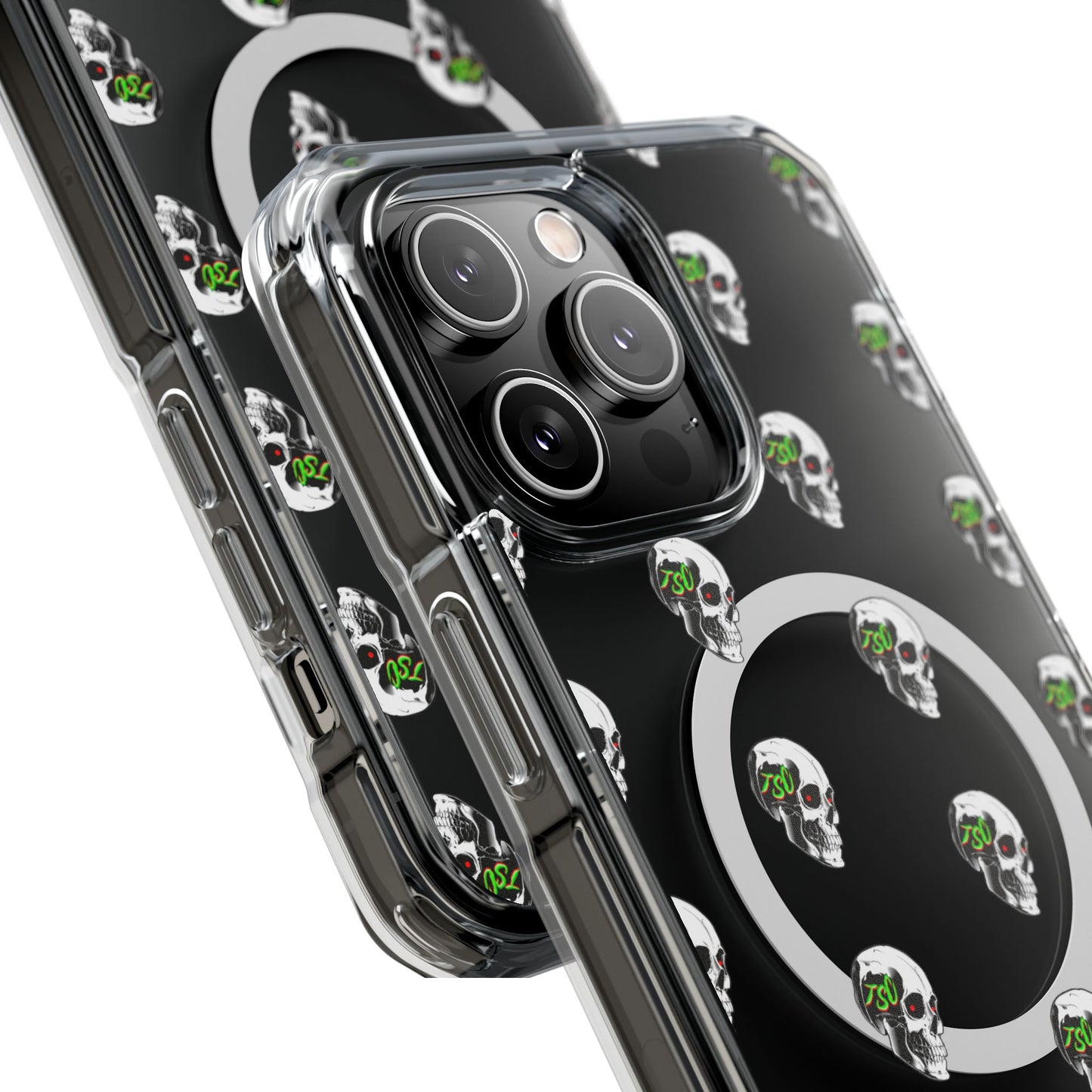 Clear MagSafe Phone Case — Green Eye Skull Pattern