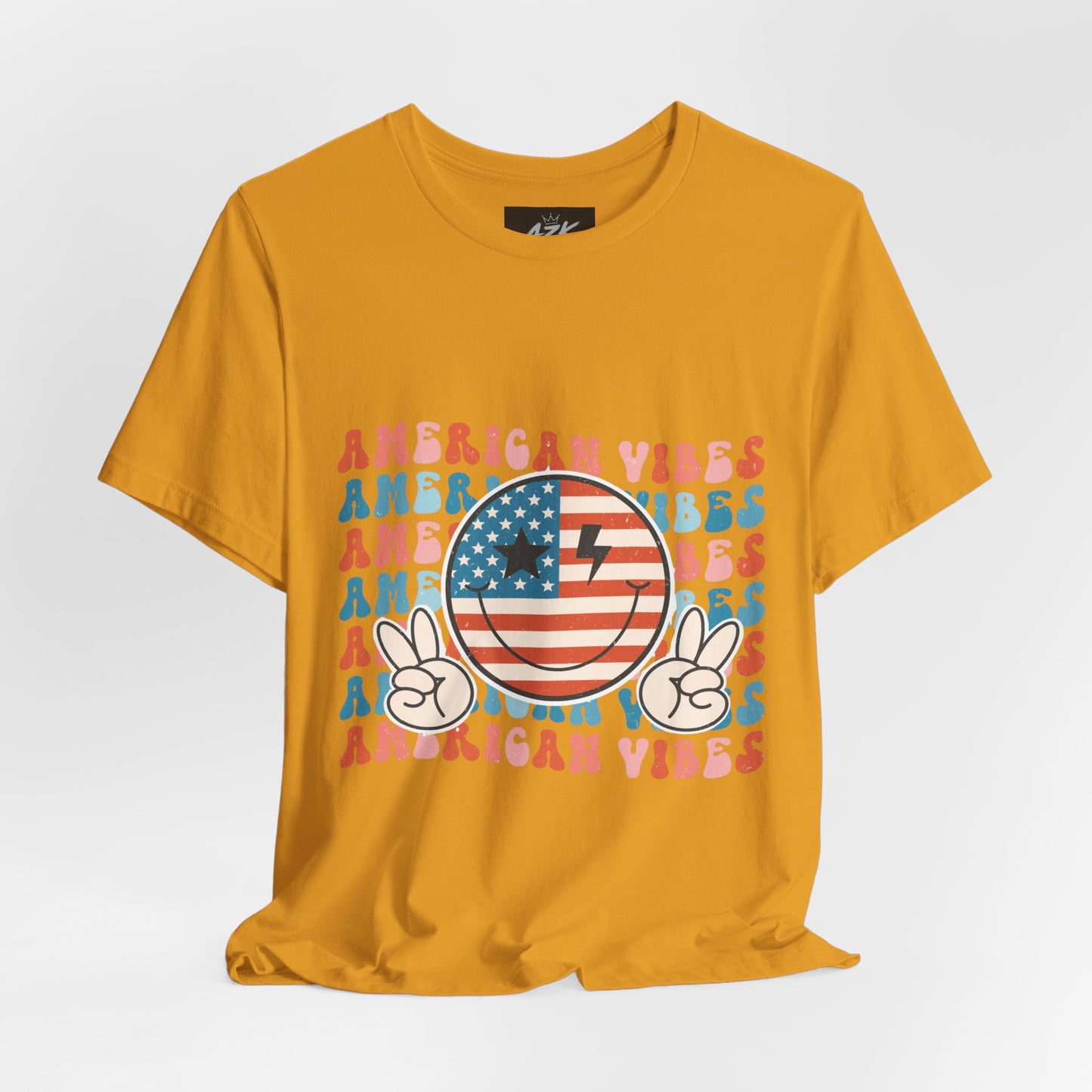 American Vibes T-Shirt — Retro Peace Sign Flag Tee (Fourth of July)