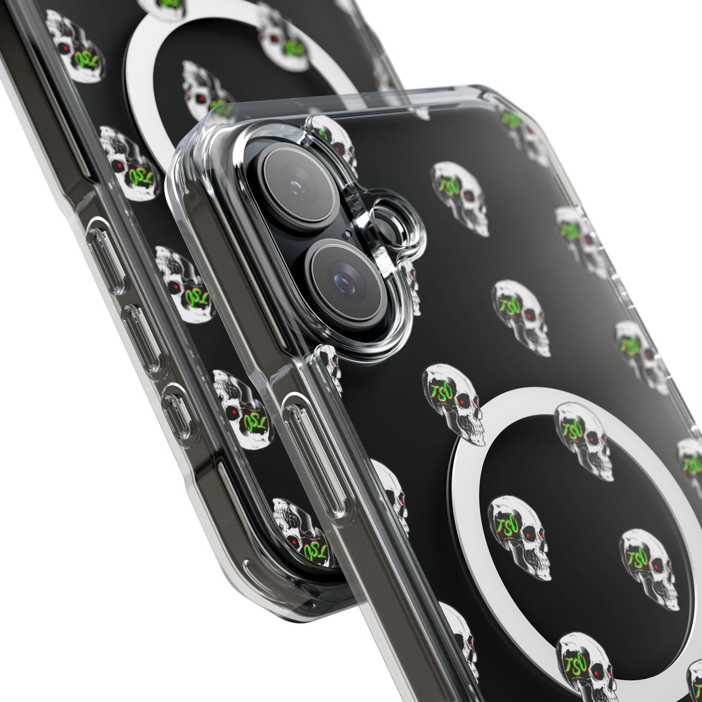 Clear MagSafe Phone Case — Green Eye Skull Pattern