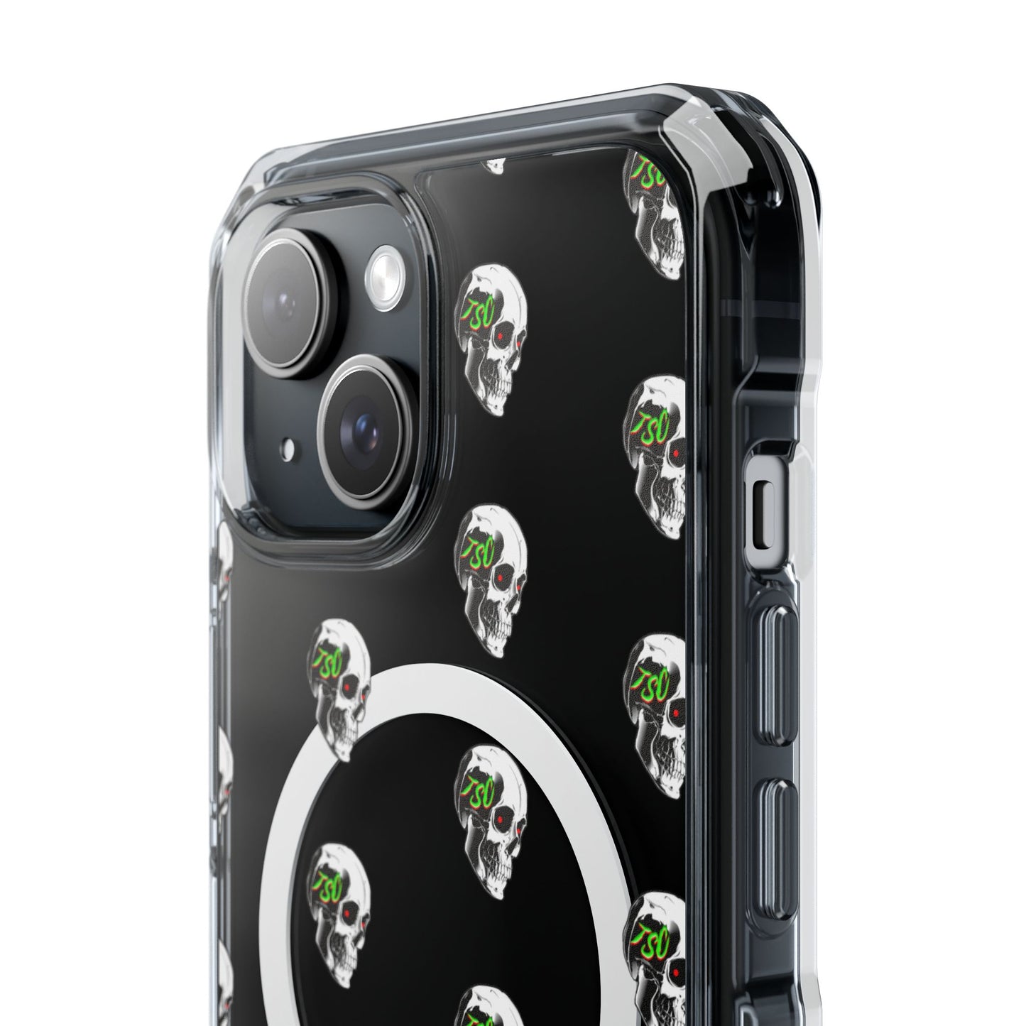 Clear MagSafe Phone Case — Green Eye Skull Pattern