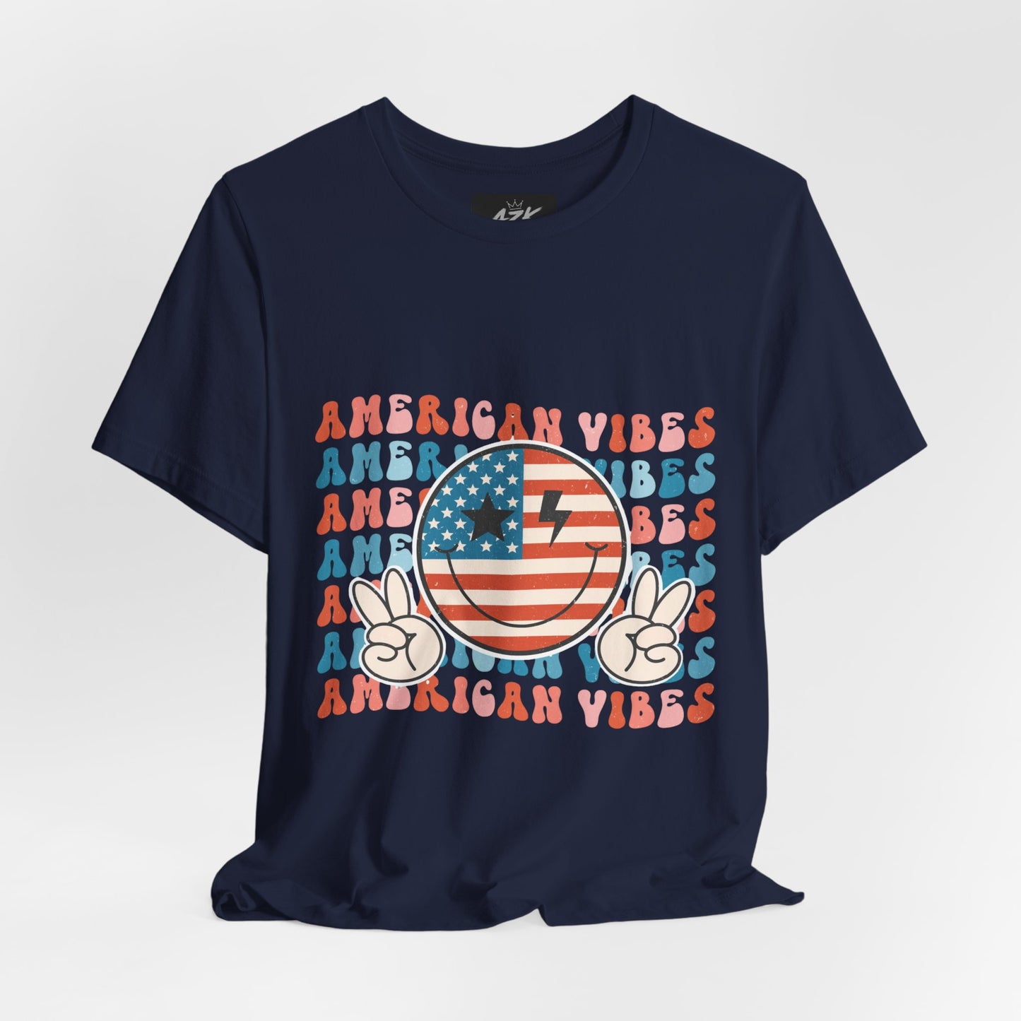 American Vibes T-Shirt — Retro Peace Sign Flag Tee (Fourth of July)