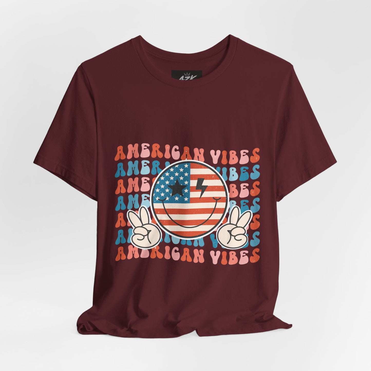 American Vibes T-Shirt — Retro Peace Sign Flag Tee (Fourth of July)