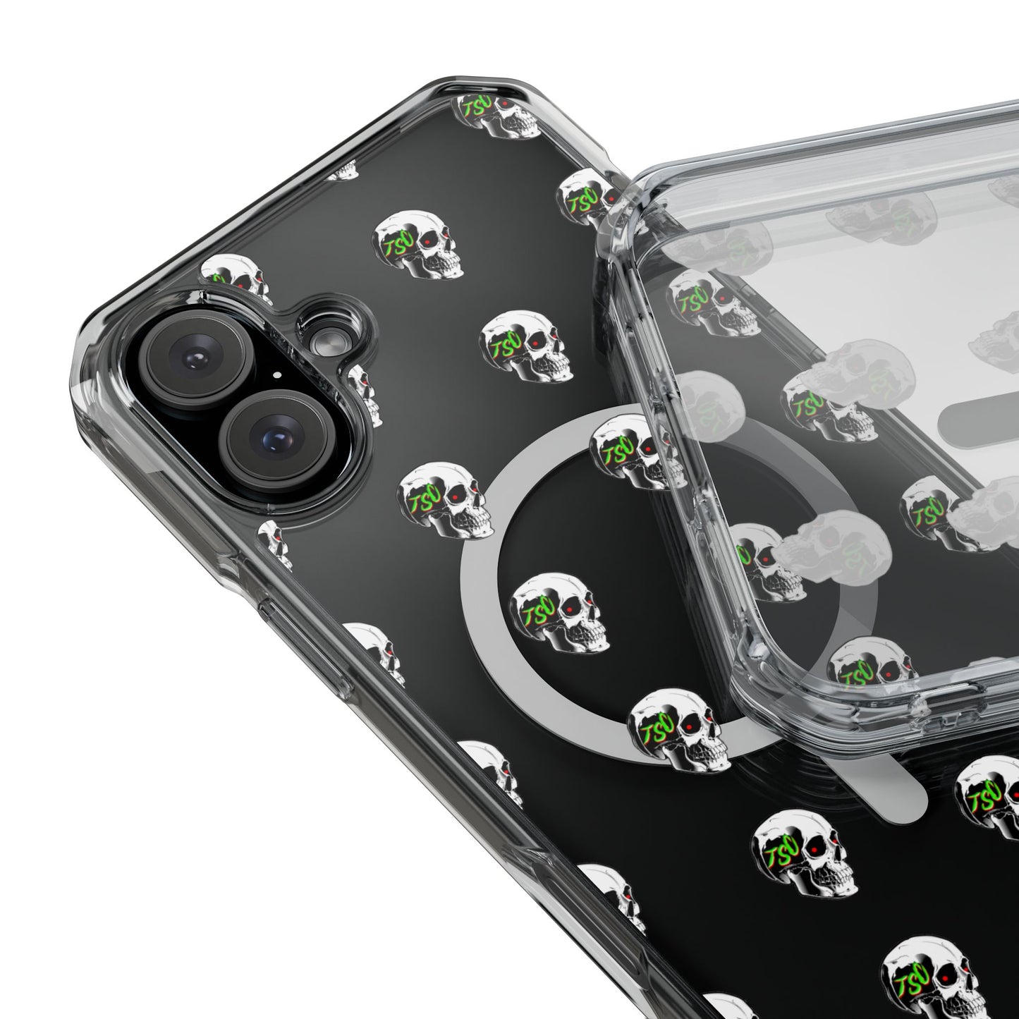 Clear MagSafe Phone Case — Green Eye Skull Pattern
