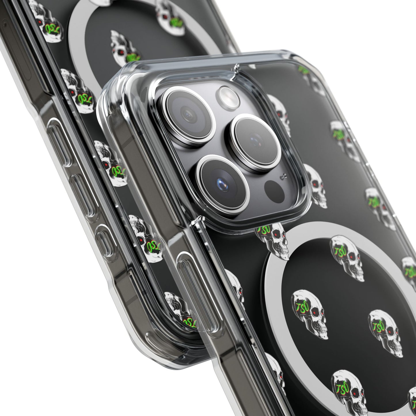 Clear MagSafe Phone Case — Green Eye Skull Pattern