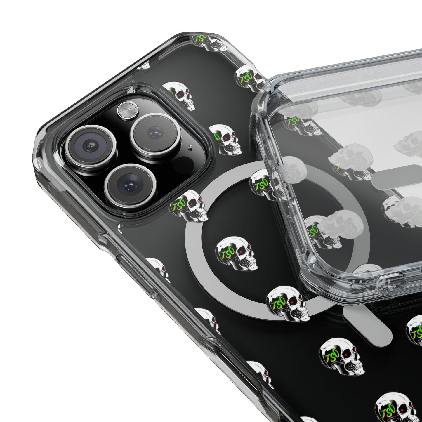 Clear MagSafe Phone Case — Green Eye Skull Pattern