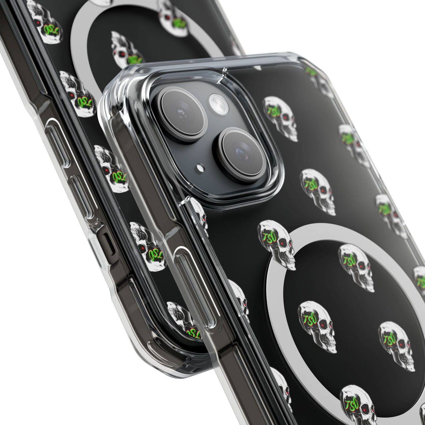 Clear MagSafe Phone Case — Green Eye Skull Pattern