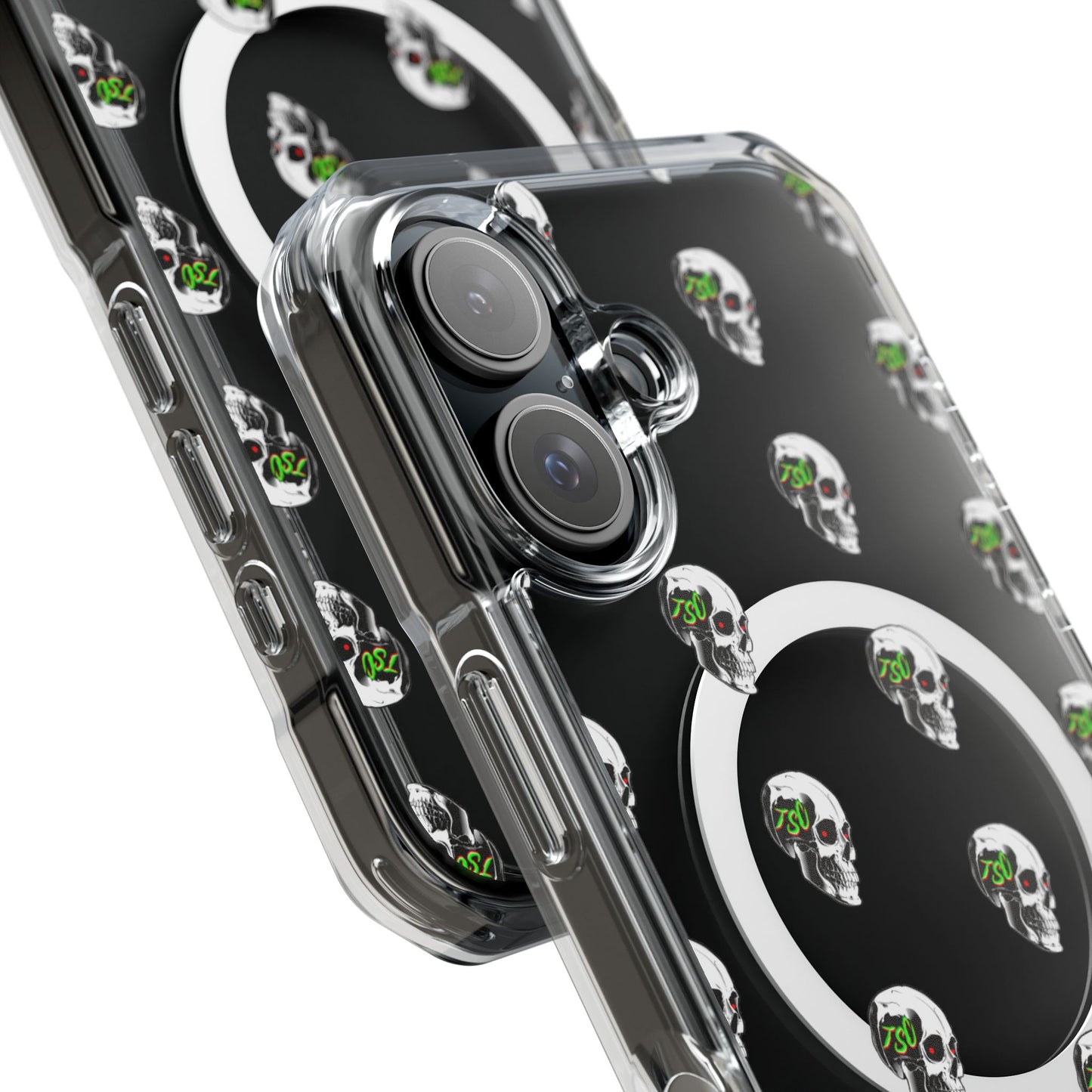 Clear MagSafe Phone Case — Green Eye Skull Pattern