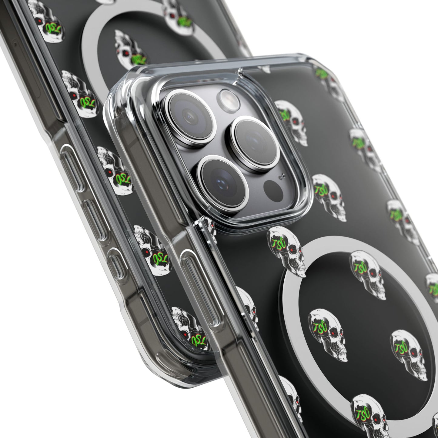 Clear MagSafe Phone Case — Green Eye Skull Pattern