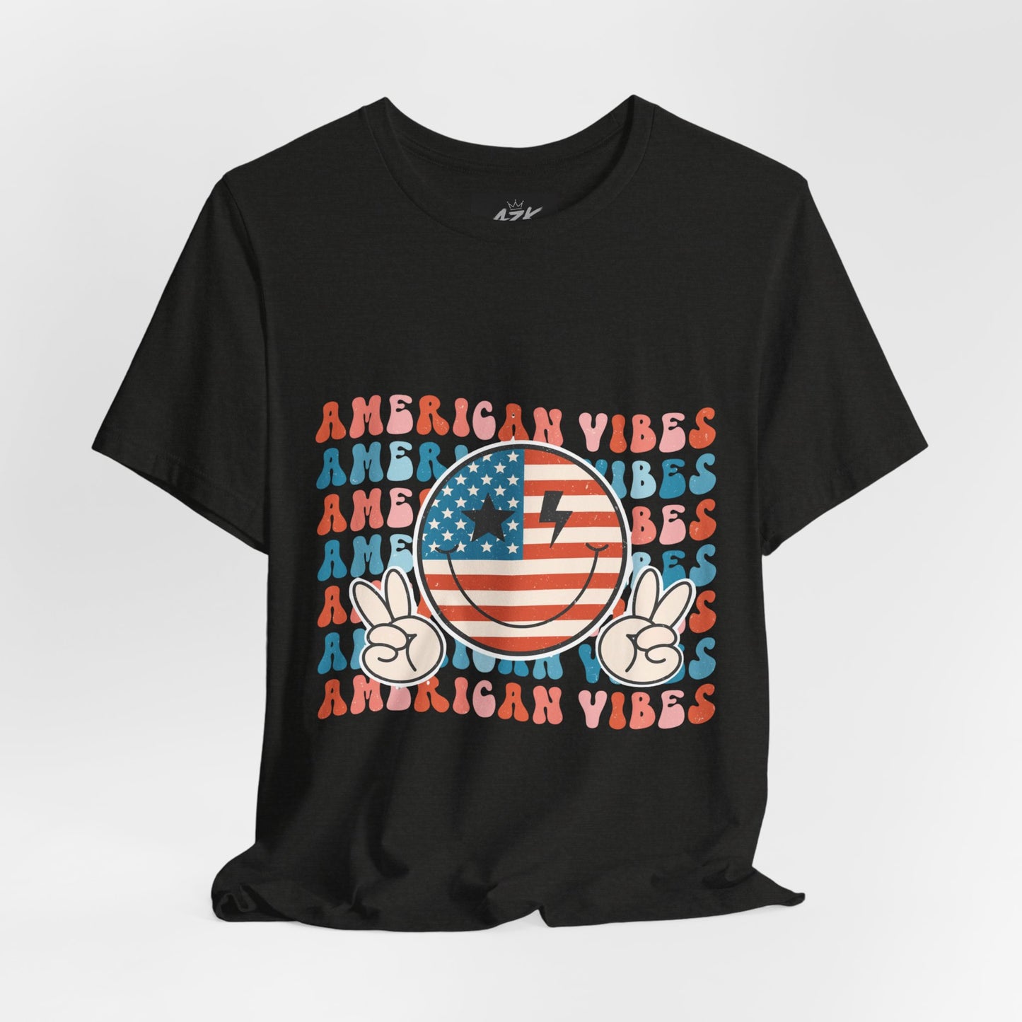 American Vibes T-Shirt — Retro Peace Sign Flag Tee (Fourth of July)