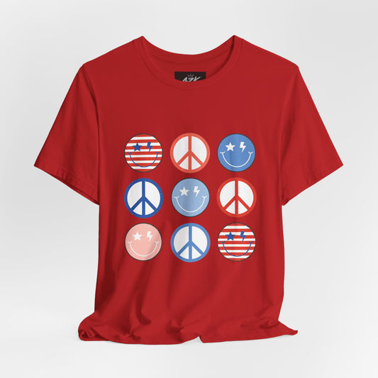 Patriotic Peace Sign Smile T‑Shirt — 4th of July Americana Tee