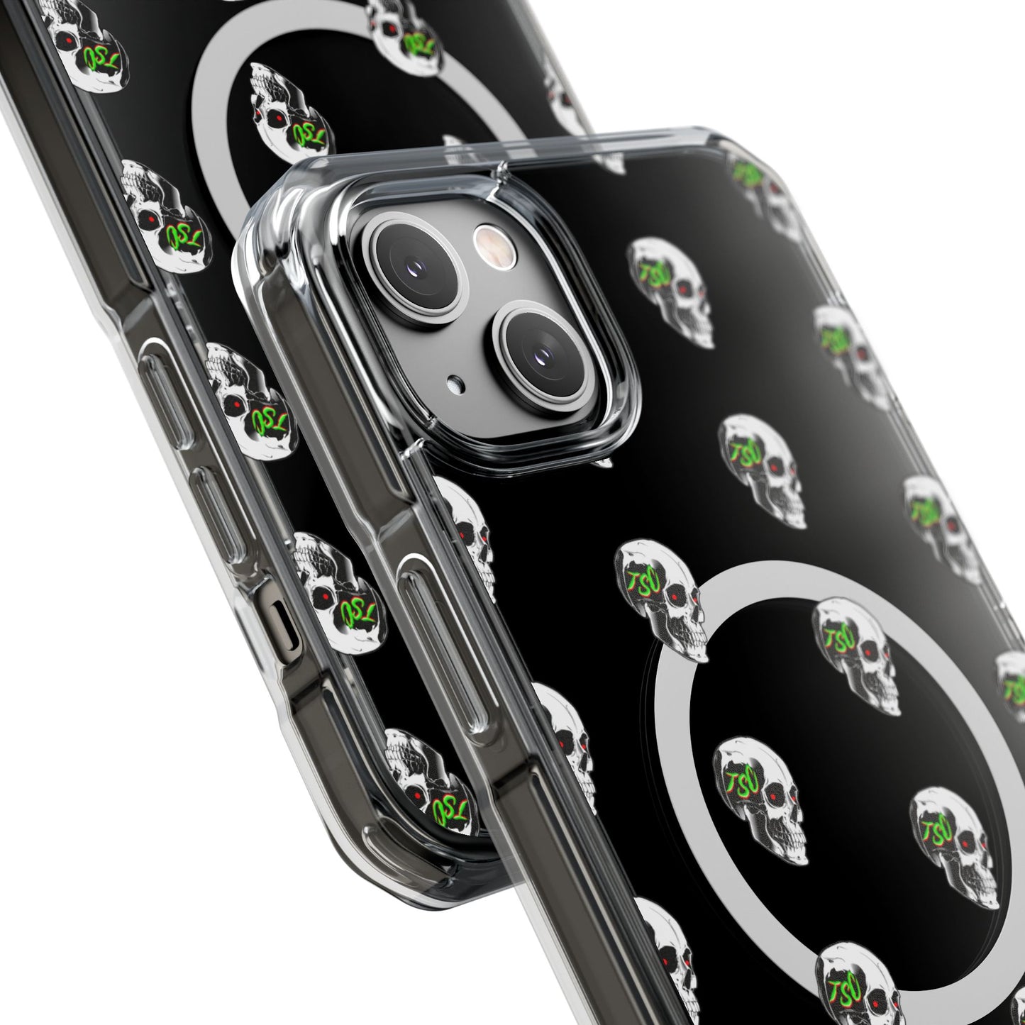 Clear MagSafe Phone Case — Green Eye Skull Pattern