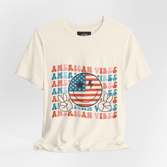American Vibes T-Shirt — Retro Peace Sign Flag Tee (Fourth of July)