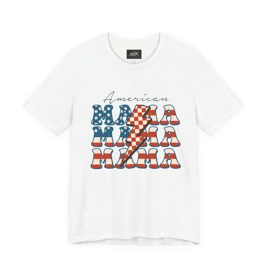 American Mama Graphic Tee — Patriotic 'Mama' Retro Lightning Design