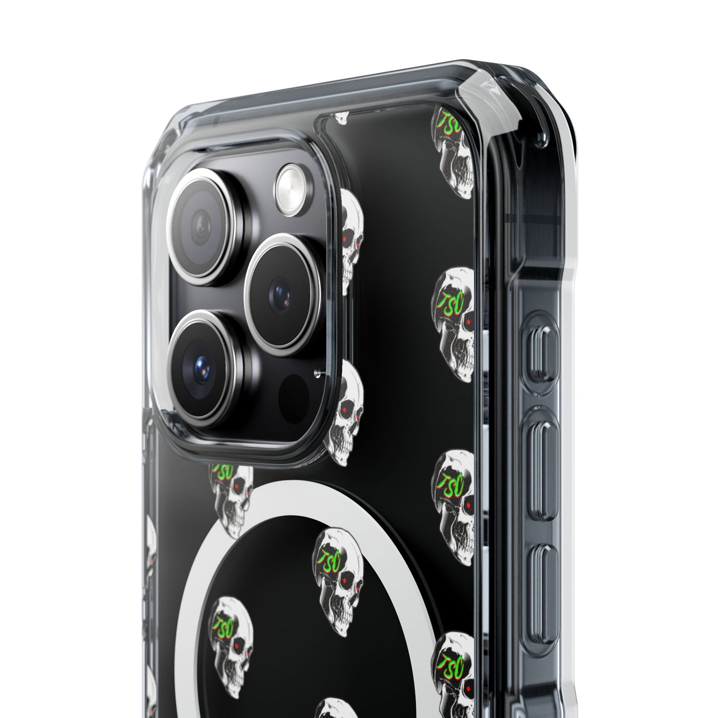 Clear MagSafe Phone Case — Green Eye Skull Pattern