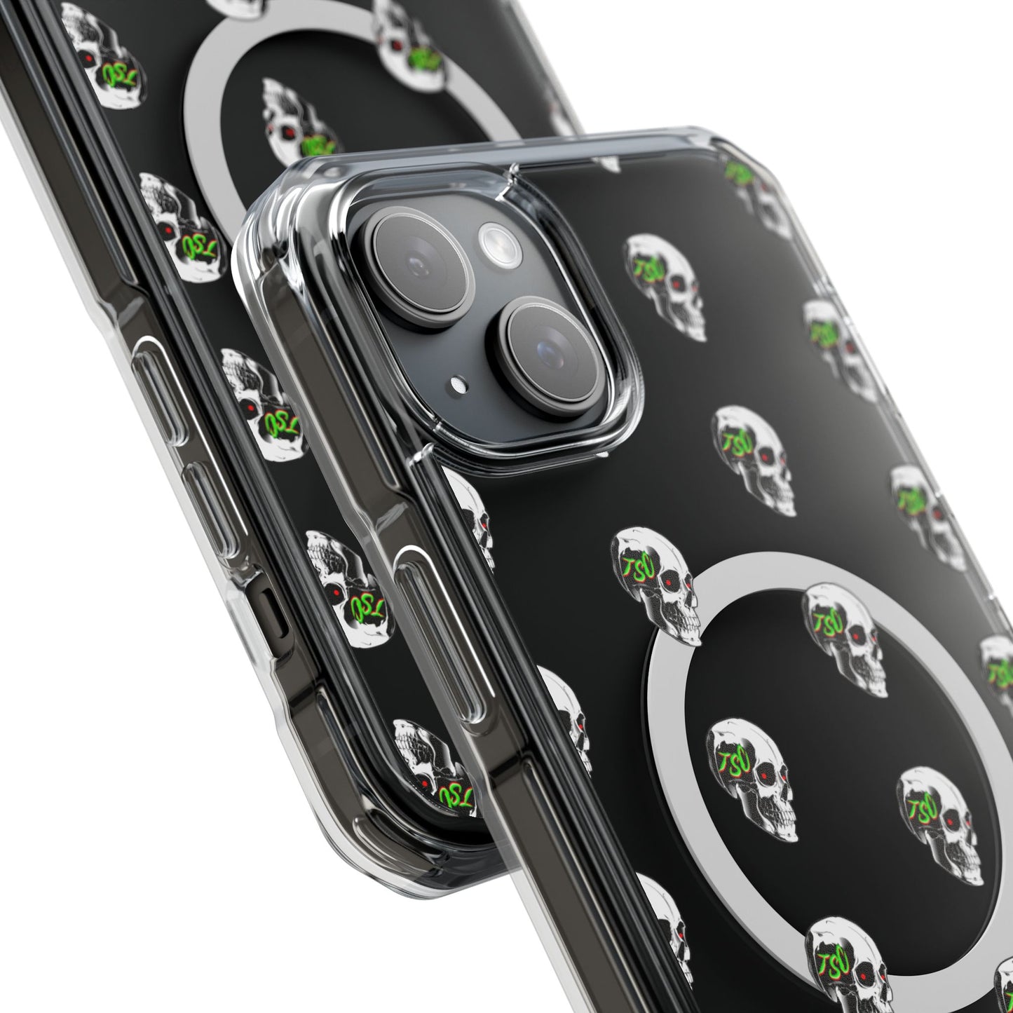 Clear MagSafe Phone Case — Green Eye Skull Pattern