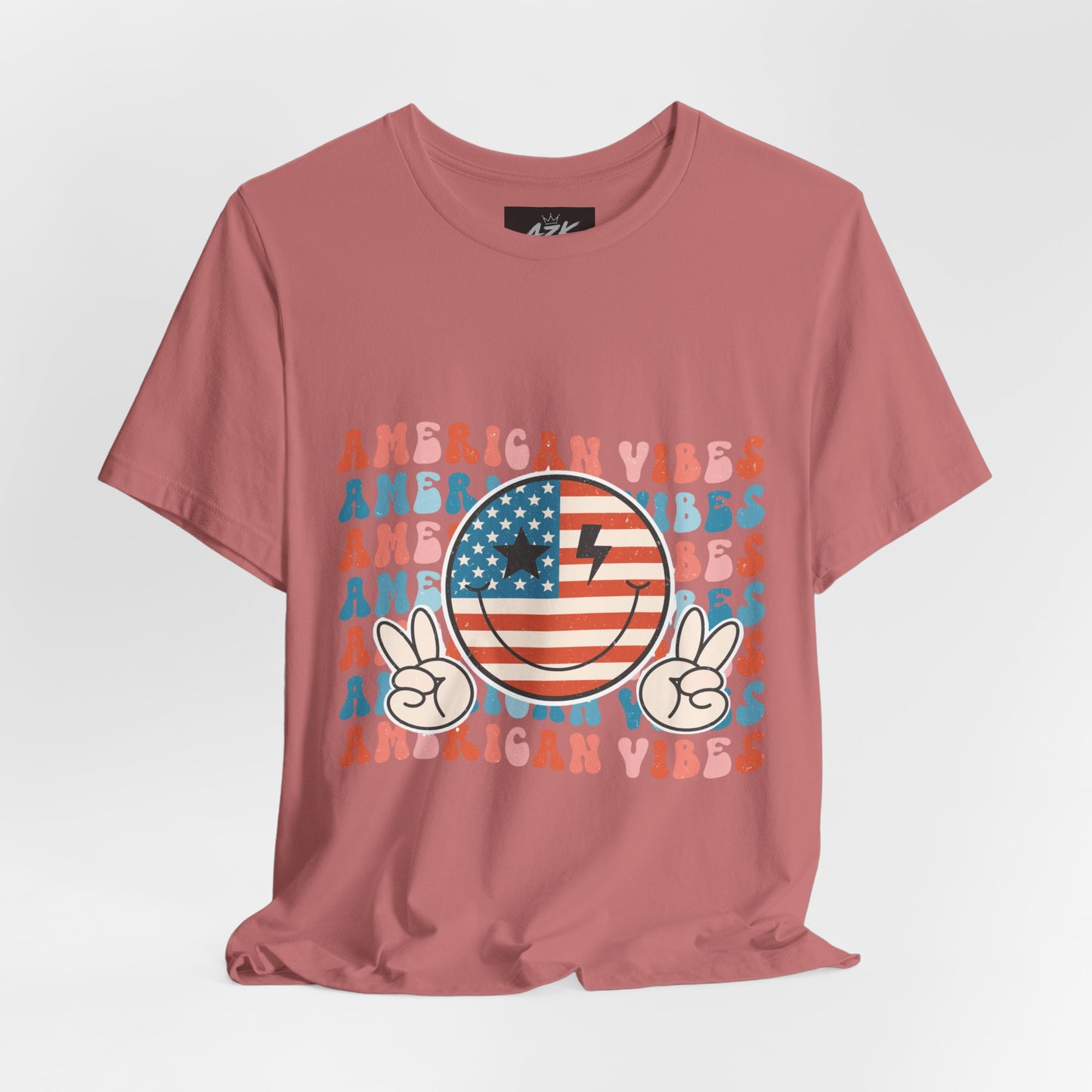 American Vibes T-Shirt — Retro Peace Sign Flag Tee (Fourth of July)