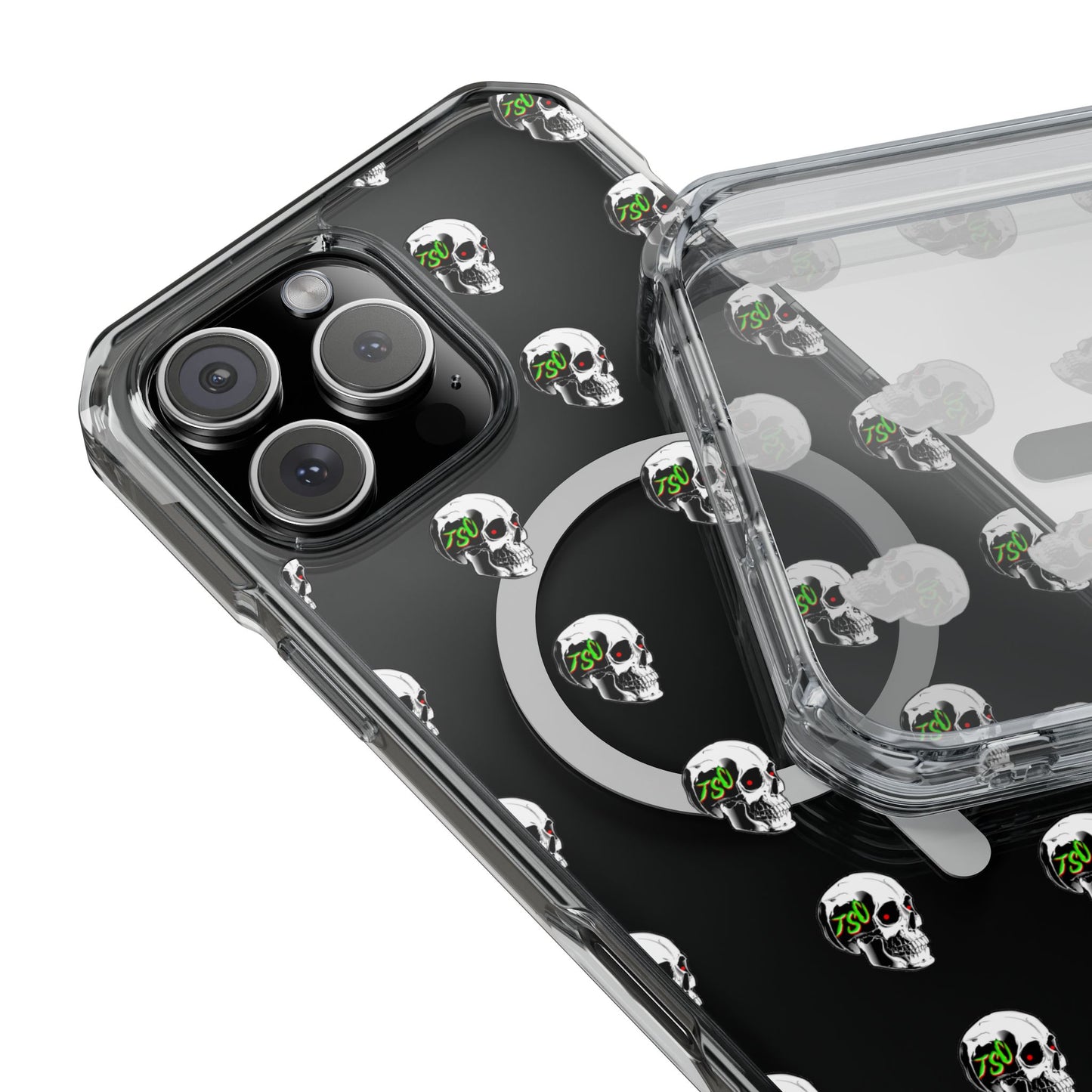 Clear MagSafe Phone Case — Green Eye Skull Pattern