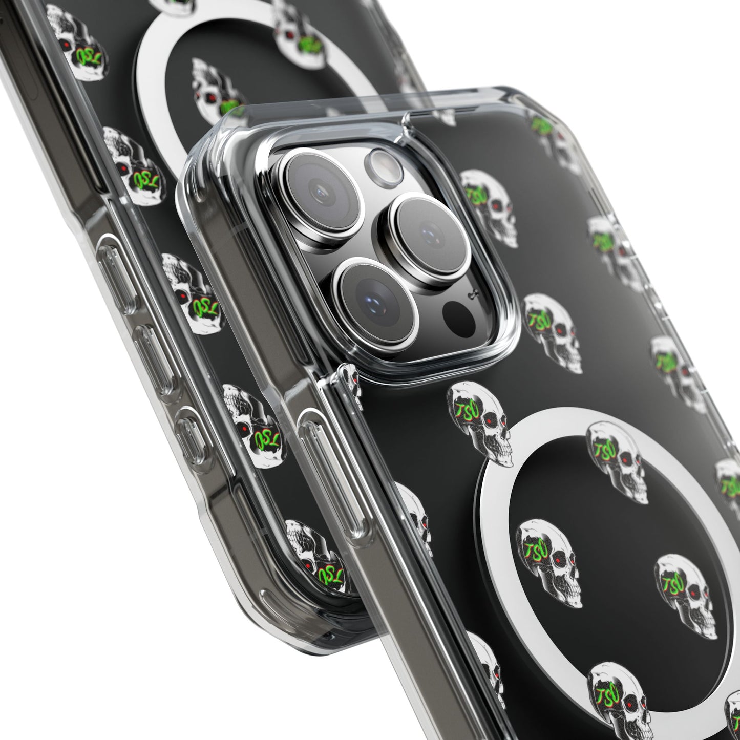 Clear MagSafe Phone Case — Green Eye Skull Pattern